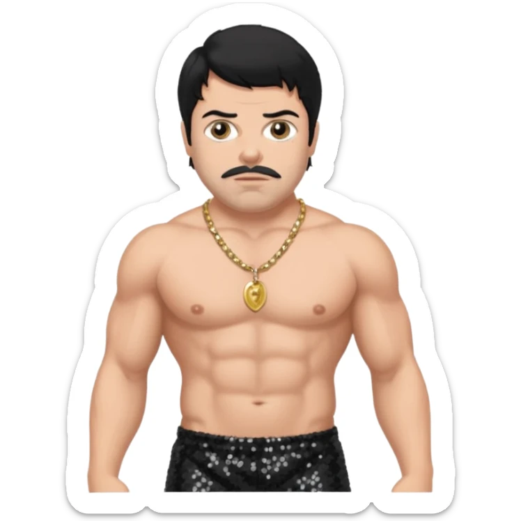 Oliver Reed with black hair, black sequin baggy pants, shirtless with necklace sticker