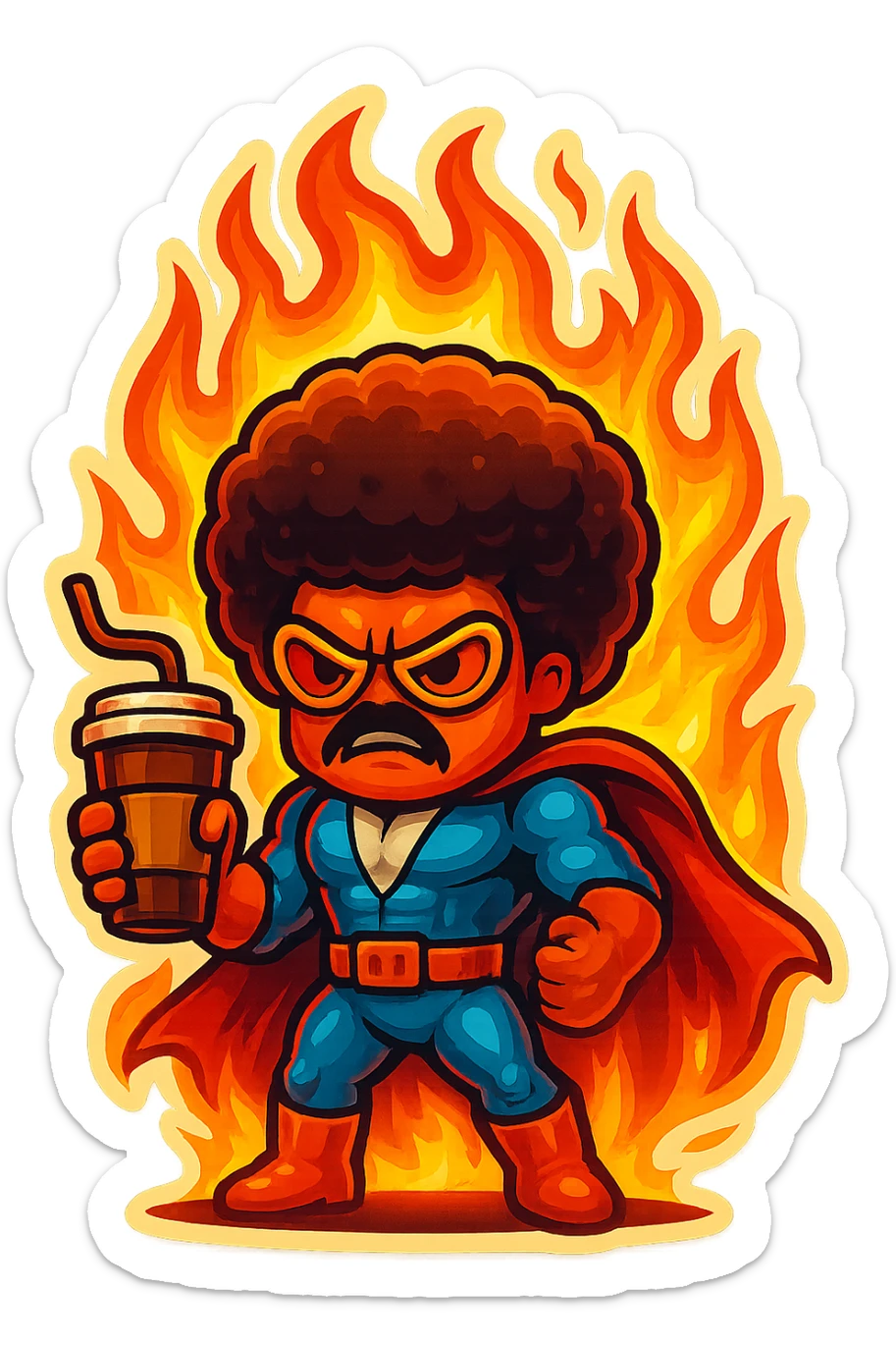 coffee creature, superhero, angry and on fire sticker