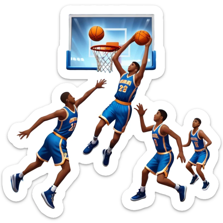 An icon featuring a basketball court with players in action, inspired by NBA 2K25. A player jumps for a dunk, with the ball mid-air. Bright lights illuminate the court, symbolizing the excitement of sports simulation games. Transparent background emphasizes the energy. sticker