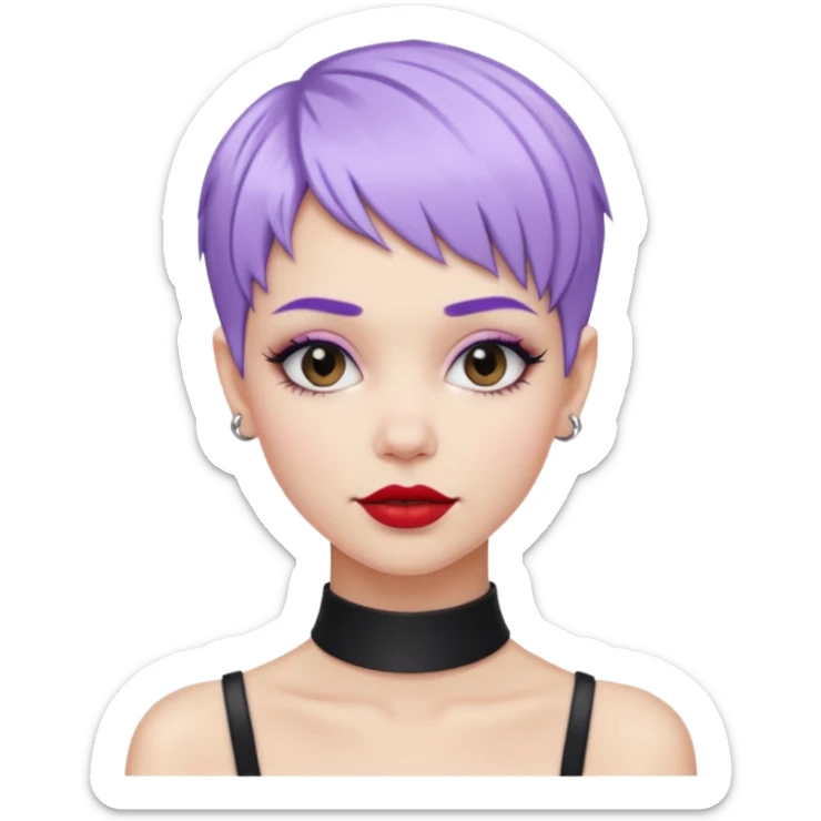 cool white girl with pastel purple pixie hair, black choker necklace, red lipstick, lip ring, half smile, fashionista vibe sticker