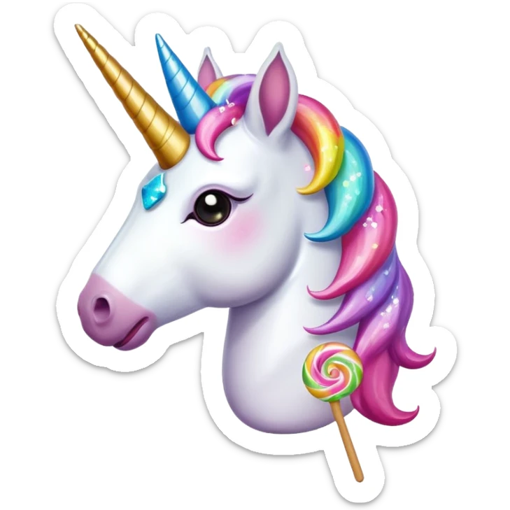 a unicorn eating a lolipop with a poop emoji on its head and sparkles around the unicorn sticker