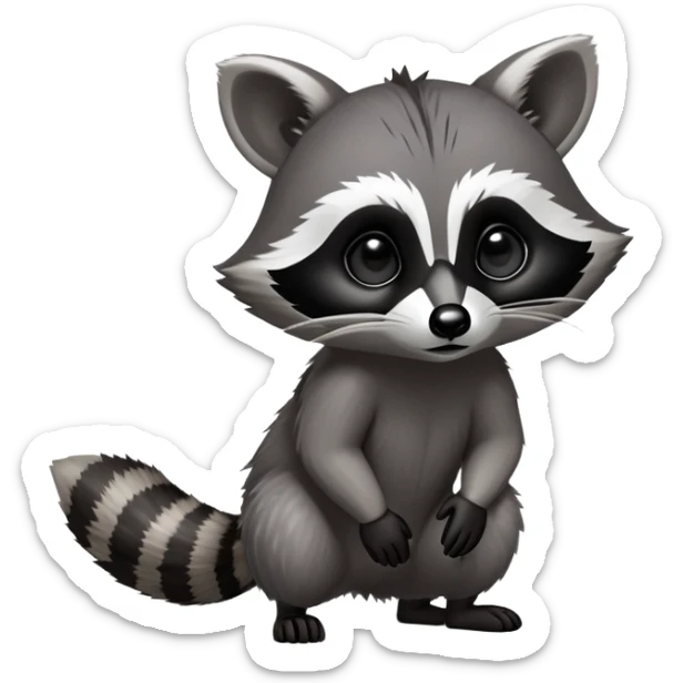 Cinematic-cute Raccoon-Realistic-hunched Full-Body on all fours-Emoji – Tail flicking lazily, head tilted dramatically, thick grey fur with a signature black mask, sharp and alert ears, simplified yet realistic focused features, highly detailed, glowing with an almost sarcastic glow. big black eyes sticker