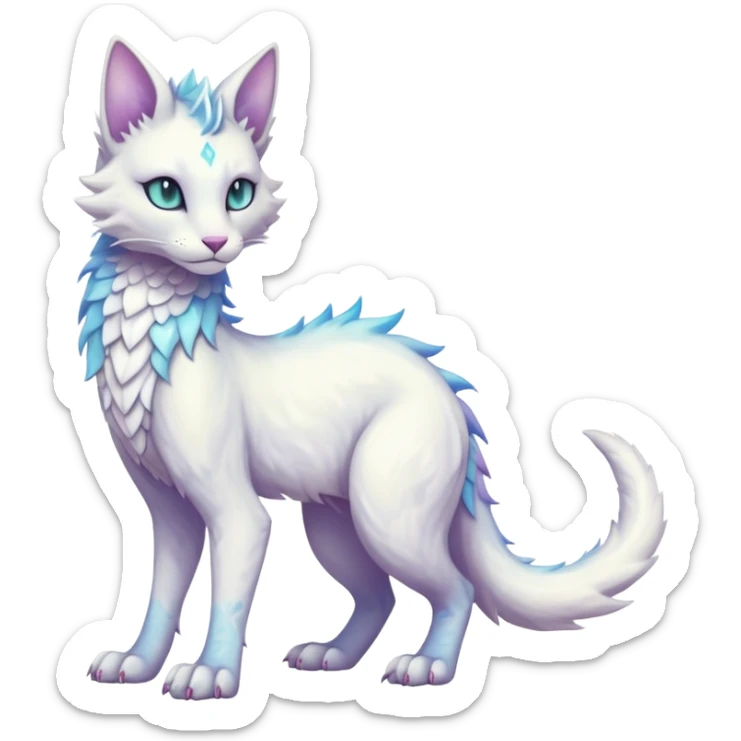 Kawaii white pastel iridescent beautiful pretty elegant divine edgy fantasy feline-vernid-sergal-fursona animal creature with a tufted tail full body with intricate markings  sticker