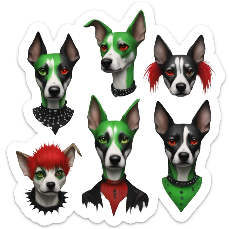 Edgy Punk dog spiked collar tattoos Green gray black red punk dog Harley Quinn as a dog mime clown harlequin facepaint tattoos punk lurcher surrealism  sticker