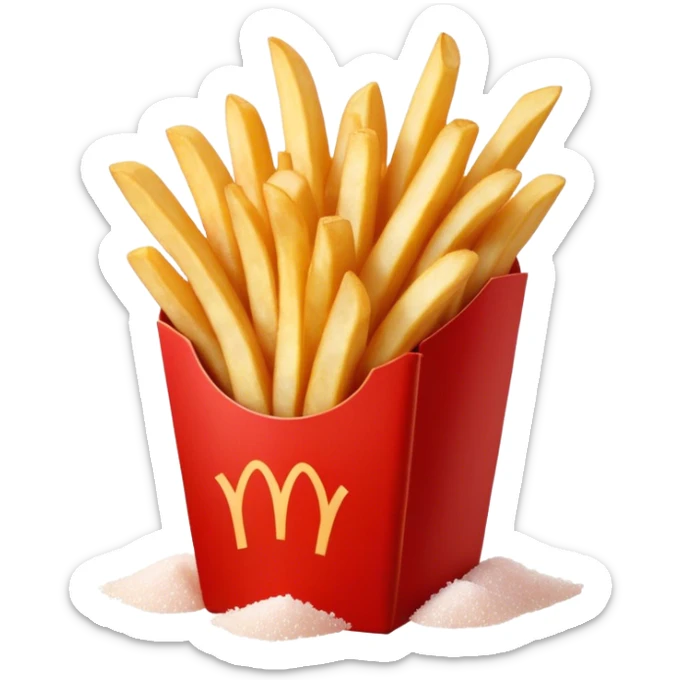 Cinematic crispy golden French fries, piled high, sprinkled with salt, served in a red carton, warm and inviting, rich golden hues, perfectly crunchy and delicious. sticker