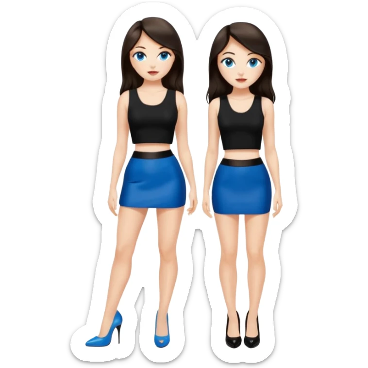 realist caucasian woman, long dark brown hair, blue eyes, wearing a black crop top and black tight mini skirt, high heel black patent louboutin shoes, full body, emoji style sticker
