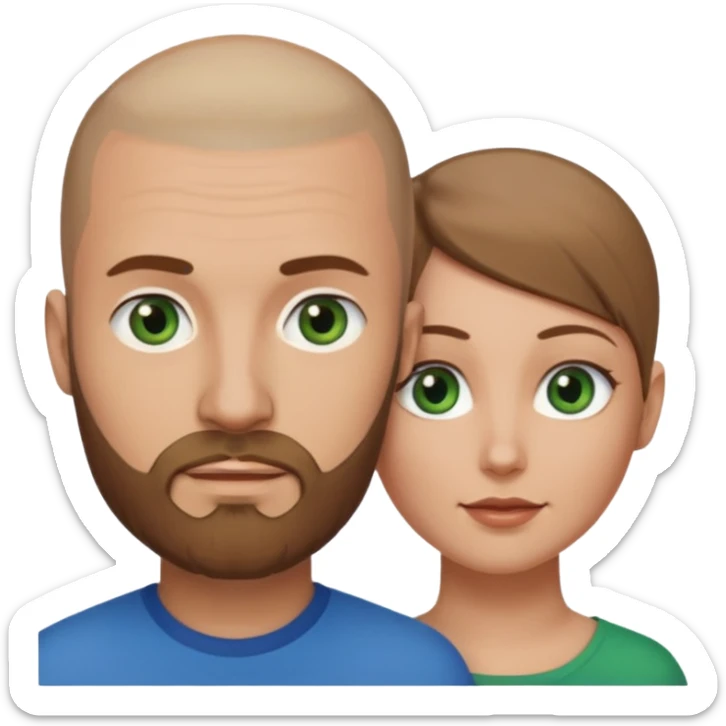 Man on left with shaved head with dark blonde beard and blue eyes and woman on the right with brown hair green eyes  sticker