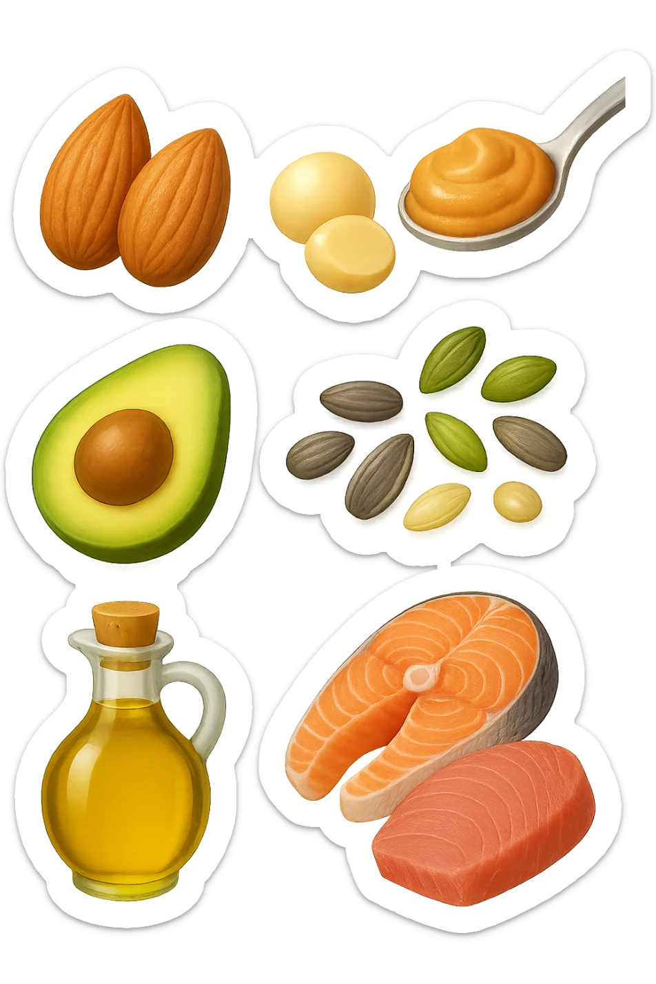 EMOJI STILE IPHONE DI
Frutta secca (mandorle, noci macadamia)
Burro di frutta secca (es. burro di arachidi)
Avocado (in piccole porzioni)
Semi
Olio extravergine d’oliva
Pesce grasso (salmone, tonno)
, fluttuano in aria REALISTICA 4K sticker