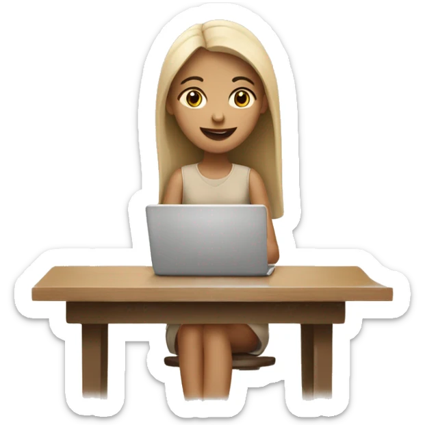 A girl at a table with a laptop with a cup of coffee in beige tones sticker