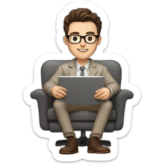 Pale skinned Fit Man With dark brown hair in gray jacket, beige office shirt, Brown pants and vintage glasses sitting In a soft chair with a notebook on spring with emblem Ψ and a pen sticker