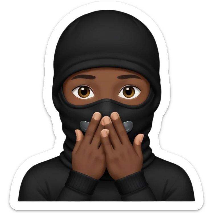 🥷🏽: inspire toi de cet emoji faisant en sorte qu’il est les mains sur la bouche et garde sa cagoule noir avec uniquement ses yeux apparent sticker