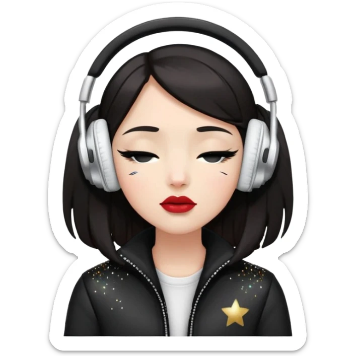 Girl with dark hair, fair skin tone, wearing a black jacket, has glitter on her eyelids, and wearing lipstick, wearing white headphones, her hands are on her ears, and her eyes are close sticker