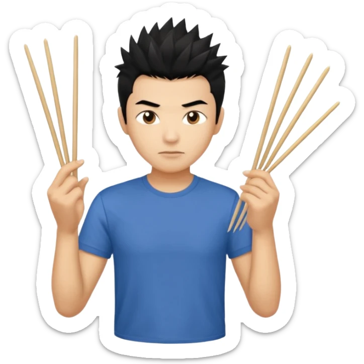 Make it a vietnamese male with spiky black hair holding only ONE pair of chopsticks in one hand, t-shirt. Please only ONE hand with chopsticks sticker