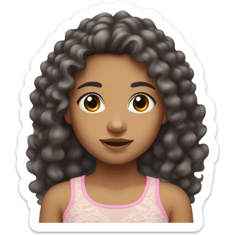 make a teenage girl emoji, mixed race, tan girl, dark grey almost black eye colour, long hair dark brown curls. Wearing a lace trim baby pink tank top with a small bow on shirt. One girl sticker