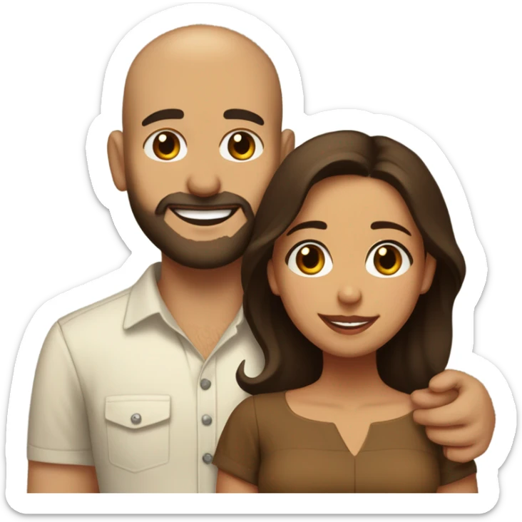Brown-haired Puerto Rican woman with dark brown eyes wearing a cute blouse giving a comforting hug to a short, bald man with brown eyes, laugh lines, and a beard sticker