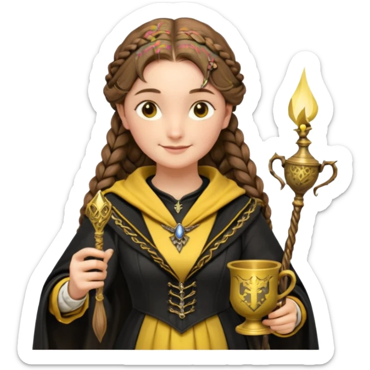 Helga Hufflepuff,the Hogwarts founder of Hufflepuff,brown-haired,2braids,yellow-black medieval dress with black cloak decorated with gold braiding,flickering magic wand and tiny two-handled shiny gold cup engraved with the badger silhouette,very kind smile,curvy busty sweet sticker