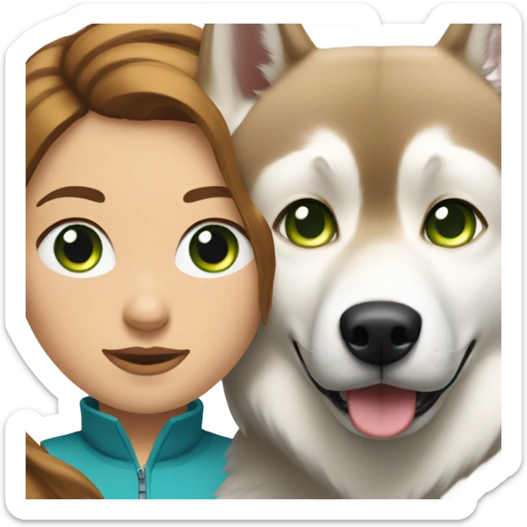 White Woman hair brown and bleus eyes and golden Husky With green eyes sticker