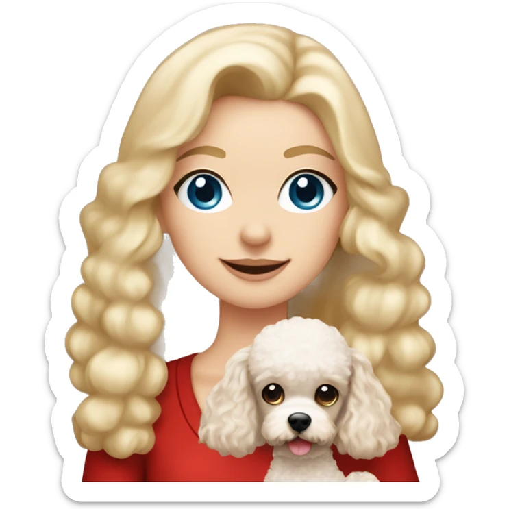 Pretty blue eyed white girl with blonde long hair with a santa claus hat and holding a brown toy poodle sticker