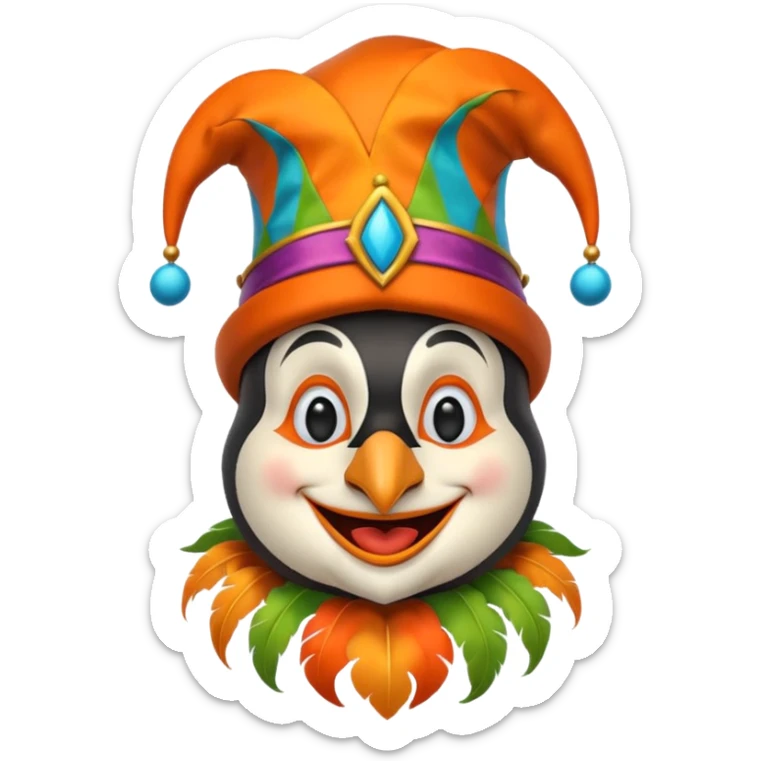 crazy funny colorful penguin jolly joker, medieval, vintage, court jester, mac os icon, orange color sticker