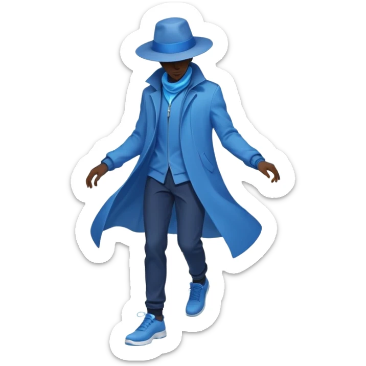 Male silhouette composed of blue ethereal flowing energy with minimal floating wardrobe pieces like hat, jacket and shoes orbiting around it, no facial features sticker