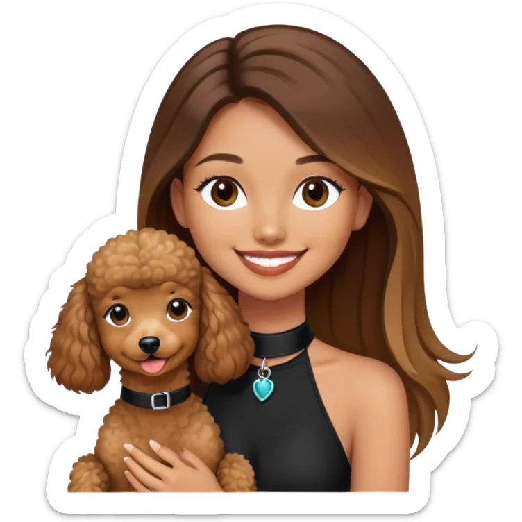 a girl with long straight balayage hair, long lashes, smiling, wearing black halterneck top, and holding a brown poodle sticker