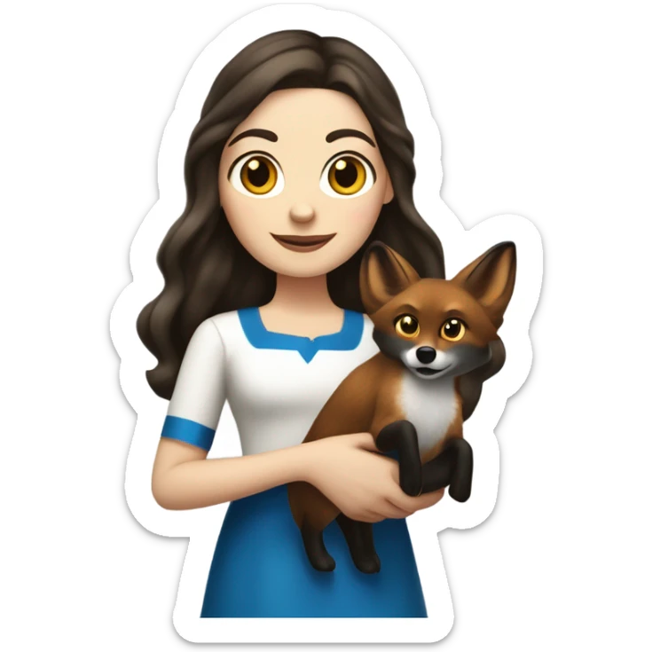 White girl in a dress for Hanukkah with long wavier dark brown hair holding a menorah with her red fox lookalike dog  sticker
