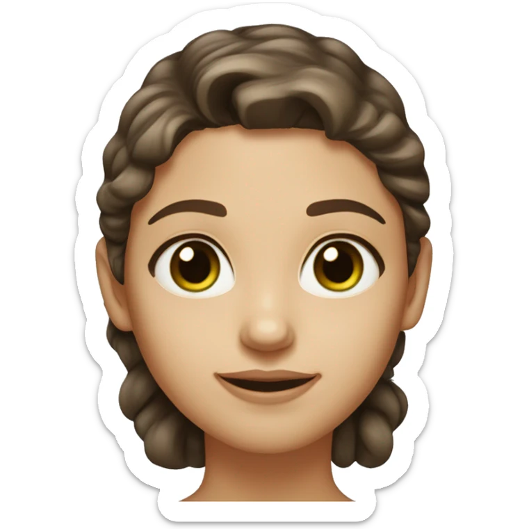 Generates an iOS 18.1 style emoji of a young woman with slightly wavy, dark brown, mid-length hair, green and brown eyes (hazel eyes), very light skin and a round face sticker