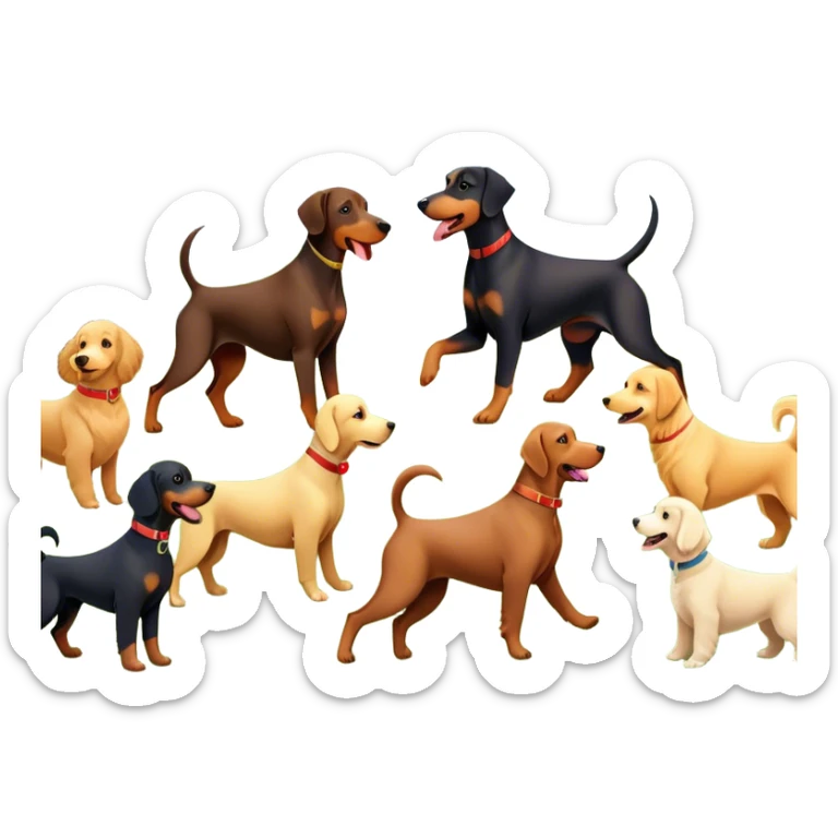 Collage of various dog breeds like Doberman, Poodle, Dachshund, and Golden Retriever, playing in a park with trees and grass. Some dogs run, others sit, all are full of energy and happiness. A joyful, colorful scene with playful expressions. Transparent background. sticker
