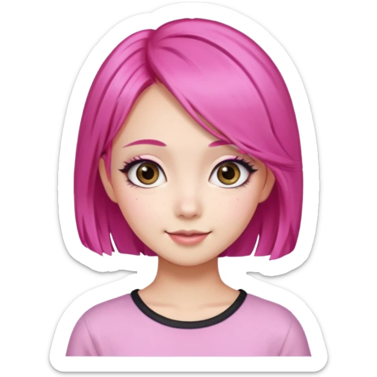 An Asian girl with Fashion pink hair, big eyes, thick eyebrows, and long eyelashes;  sticker