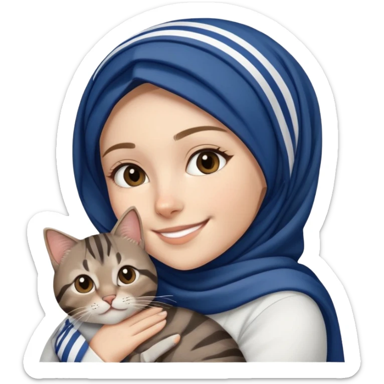 White girl wearing dark blue hijab with white shirt smiling while holding a black grey brown stripes tabby cat sticker