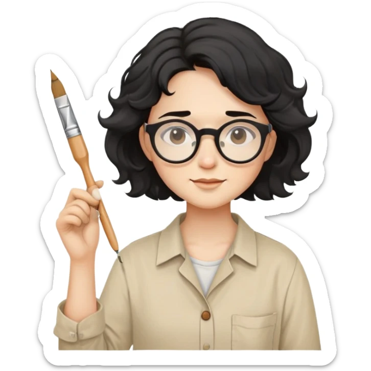 Artist with wavy black hair, round glasses, beige painter's shirt, square paintbrush in hand sticker