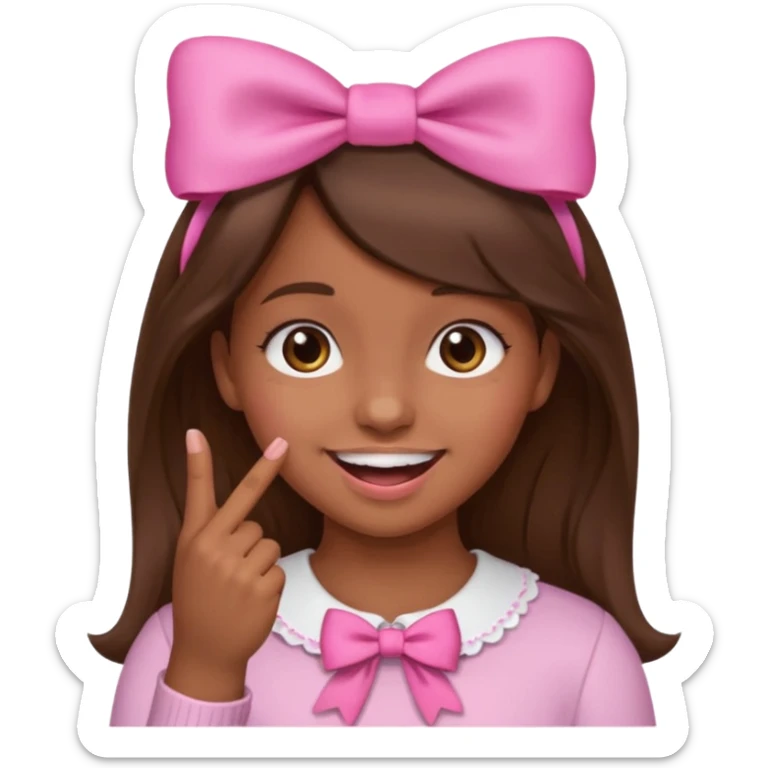 Chica con pelo marron sonriendo con un lazo rosa en la cabeza y mordiendose la punta del dedo indice con delicadeza y la otra mano que no salga en el emoji sticker
