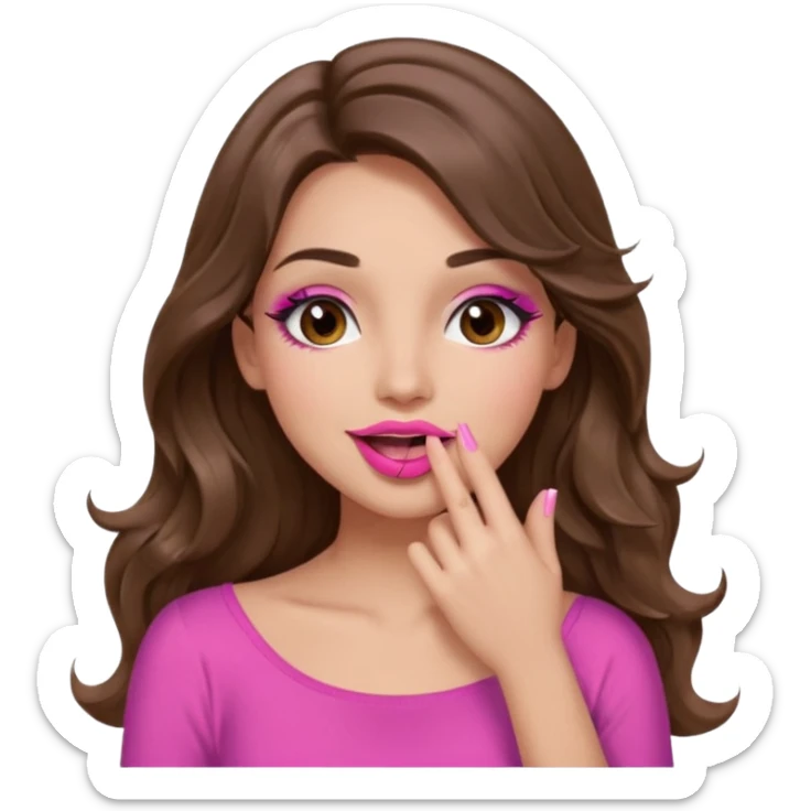 girl with long wavy brown hair, brown eyes, long lashes makeup, sexy pink lips, light to medium complexion, pink sexy top, sexy, gigling hand covering mouth sticker