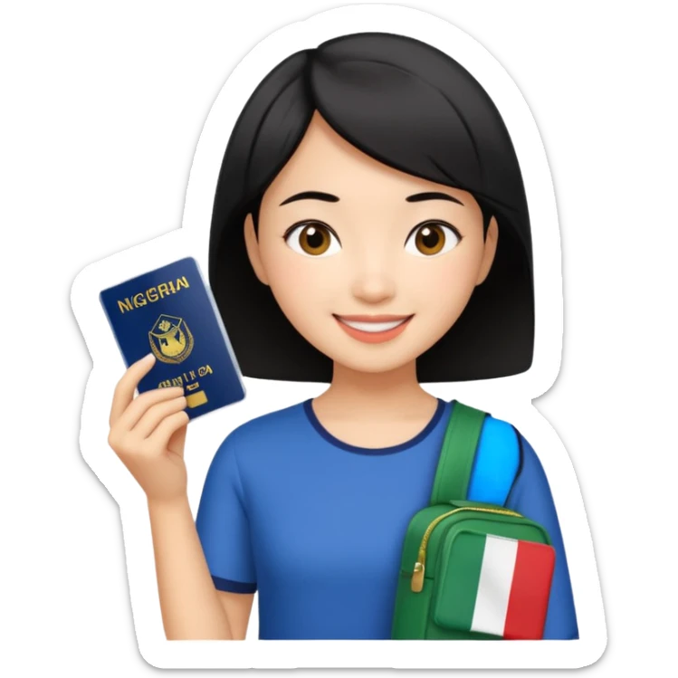 Nigeria, travel visa, with a Asian girl with short black hair, fair skin, and a young, enthusiastic smile sticker