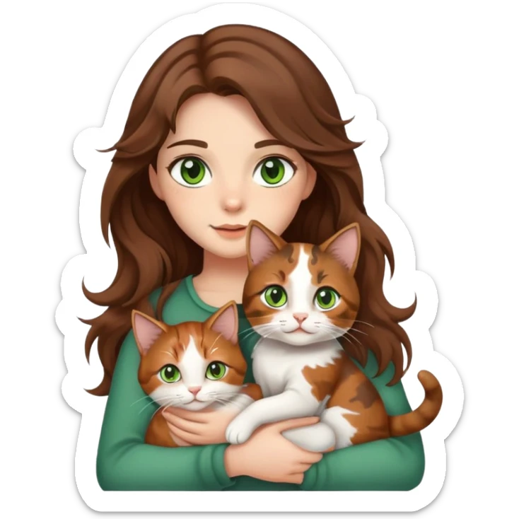 A girl with wavy brown hair and white has brown eyes and carries a cat calico green eyes  sticker