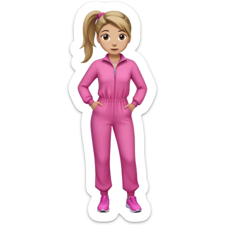 Woman dark blond hair ponytail pink  full body jumpsuit  sticker
