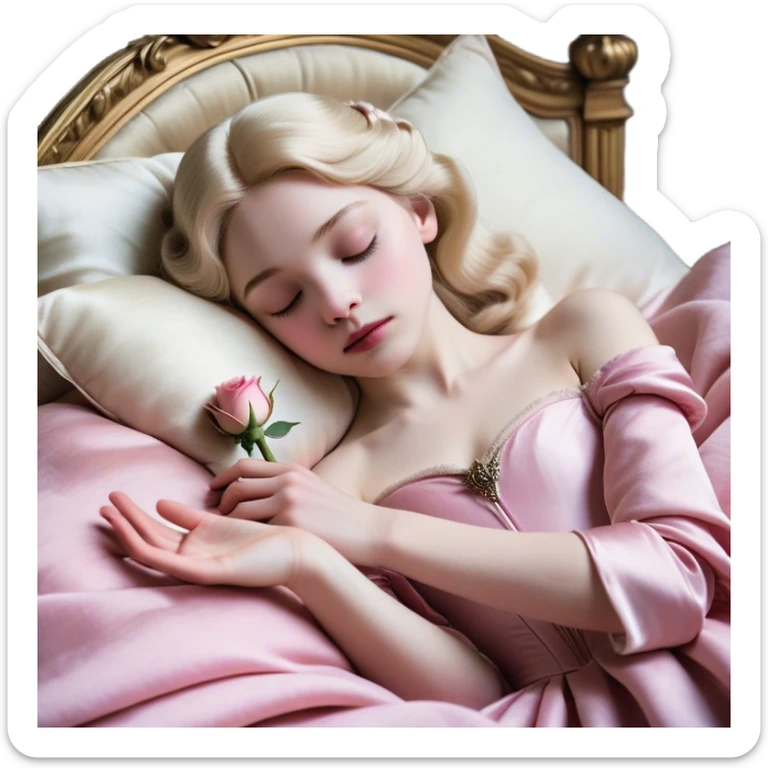 Cinematic Realistic Sleeping Beauty (Aurora) Portrait, with porcelain-like skin featuring a natural rosy flush, illuminated by soft lighting that highlights the gentle contours of her face. Her golden blonde hair flows in soft, detailed waves with subtle highlights that shimmer in the light. Her deep violet-blue eyes radiate warmth and innocence, framed by arched brows and long lashes. With a soft, serene smile, she holds a delicate rose gently in one hand, her other hand resting lightly by her side. She is dressed in her classic pink gown, the fabric rich in texture with delicate folds that catch the light. A golden crown rests atop her head, gleaming with royal refinement. The portrait captures a soft, glowing aura, blending realism with an ethereal sense of beauty and timeless enchantment. sticker