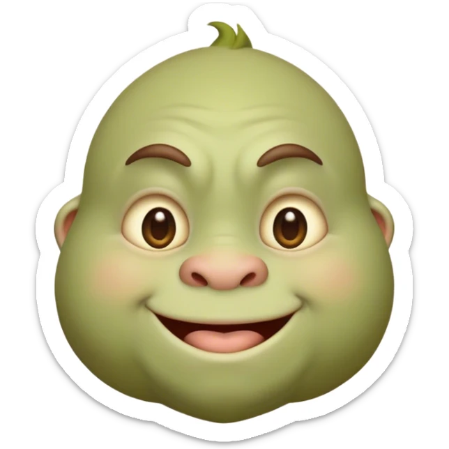 Cinematic Cute Ogre Portrait Emoji, with a surprisingly endearing, plump and huggable figure in soft earthy greens and browns, featuring big, kind eyes and a bashful smile, simplified yet irresistibly adorable, highly detailed with a soft glowing outline that captures the charm of a friendly giant who seems ready for a warm hug! sticker