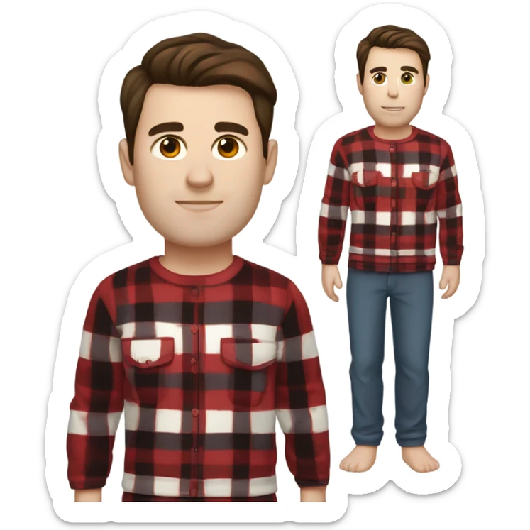 Man with straight brown hair and brown eyes wearing red and black buffalo plaid pjs. White skin. Full body. sticker