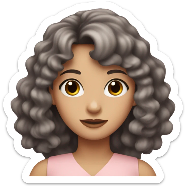 White woman with long black curly hair and bangs and dark brown eyes, wearing a pastel pink dress sticker