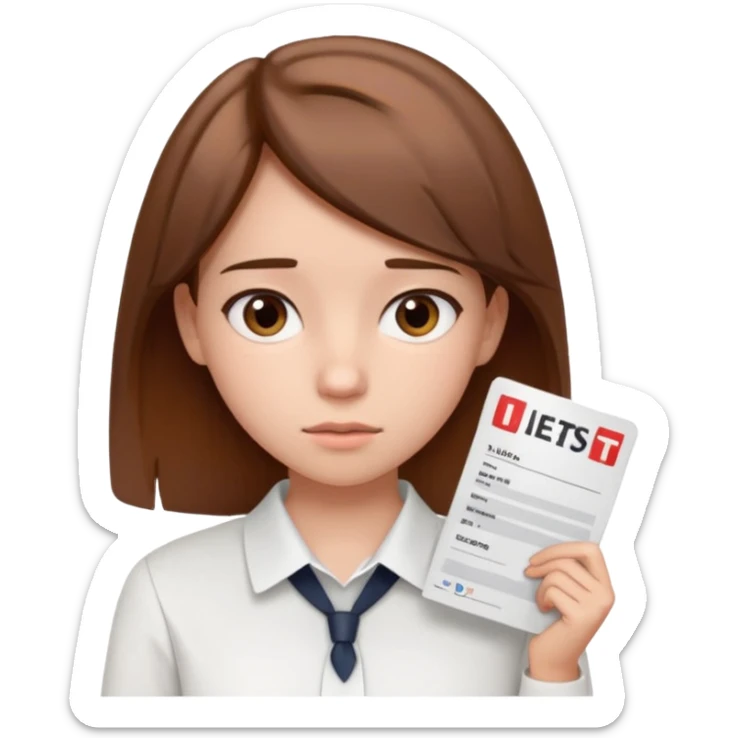 The girl shows her IELTS certificate with a score of 3.0 in disappointment sticker