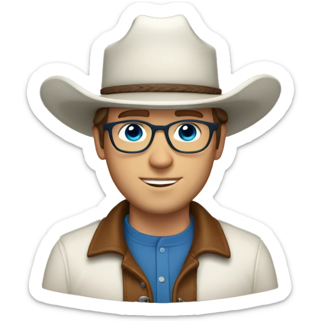 White man with brown hair, blue eyes, glasses, cowboy hat and bolo sticker