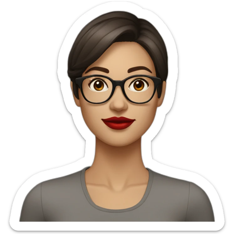 face of a 25 year old caucasia woman with short dark brown straight hair, bright red lipstick, eyeliner, and square light brown glasses sticker
