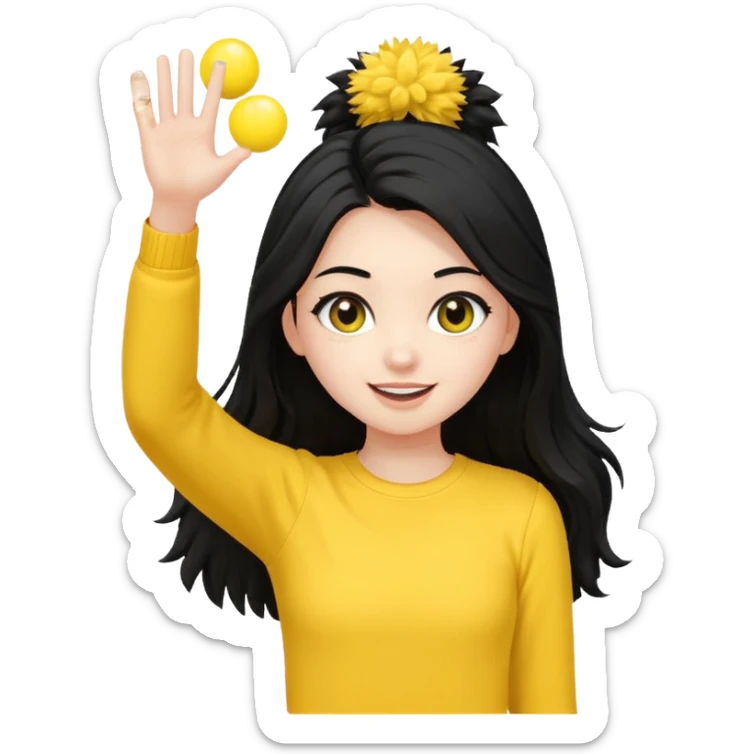 A long black hair teen girl waving pom-poms, eyes sparkling with excitement, yellow top sticker