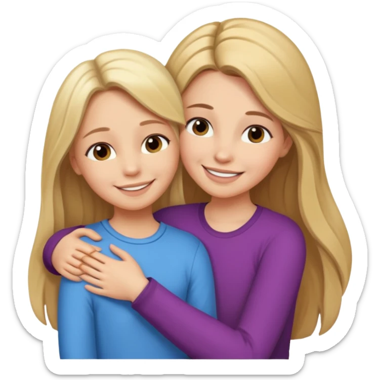 A beautiful mother with long brown hair hugging her cute 12yr old blonde hair daughter super happy sticker