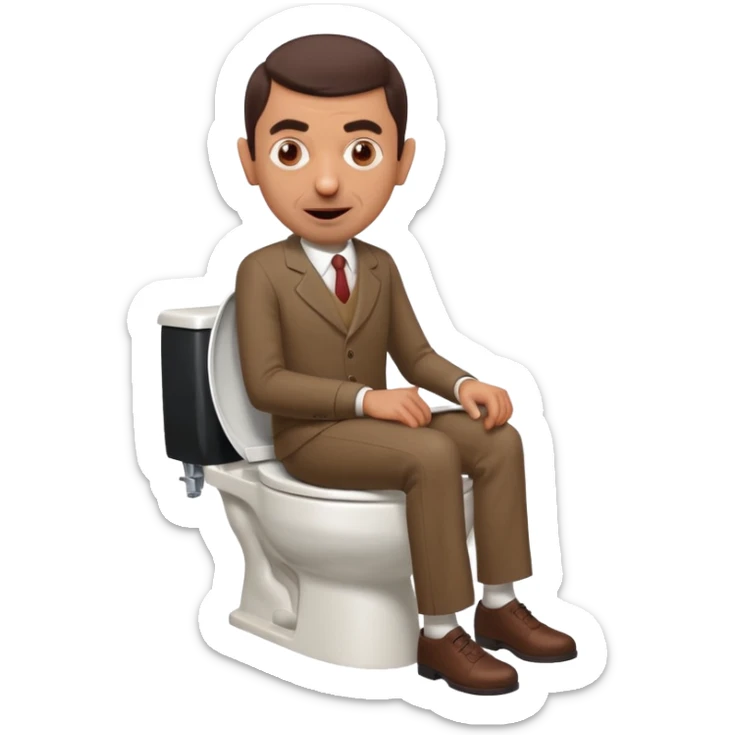 Toilet with a head sticking out.the head is a man who looks like mrbean  sticker