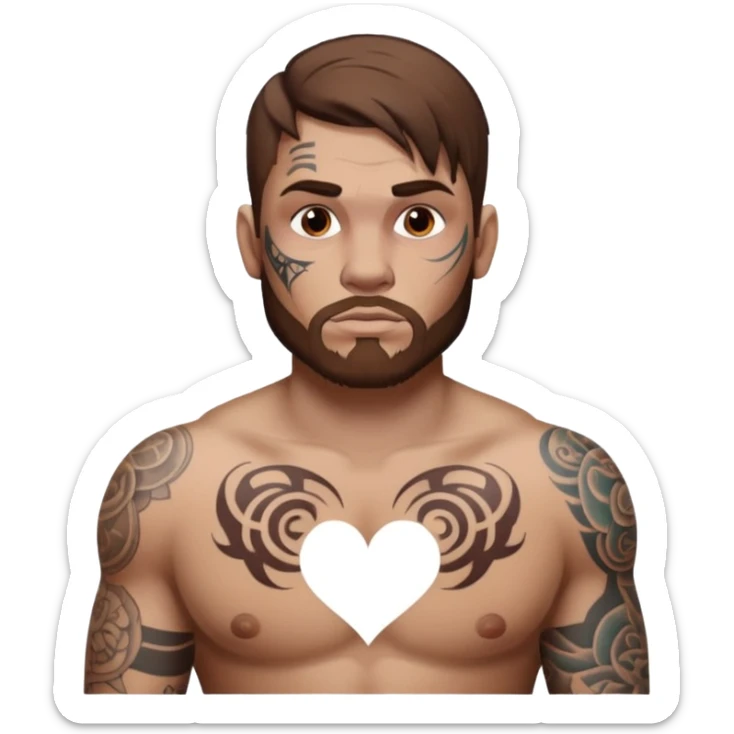 tattoo man, full  white skintone,brown hair, tattoos on face, more visible, bulky man with tattos on his chest, heavy tattoos. sticker