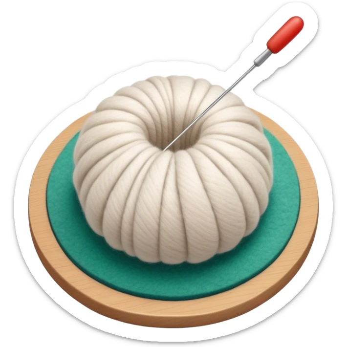 Felt crafting icon, wool fibers being felted, textured wool ball, needle and felting mat, minimalistic style, clean lines, transparent background. sticker