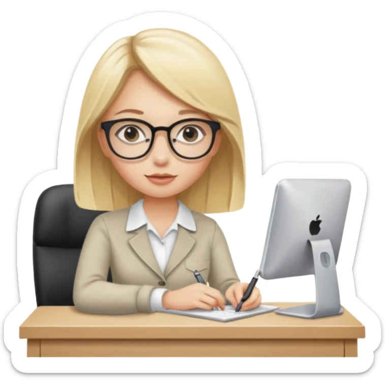Beautiful blonde girl wearing eye glasses working at desk sticker