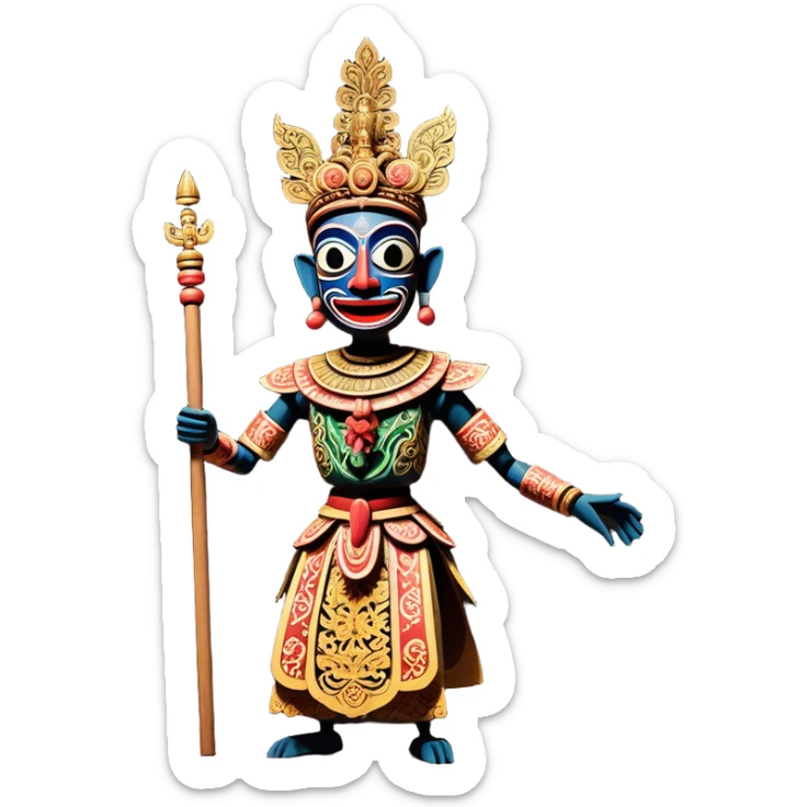 Golek Ayun-ayun – Cinematic Realistic Wayang Golek Ayun-ayun, depicted as an intricately carved traditional wooden puppet with vibrant painted details and expressive features, set on a dimly lit stage with dramatic shadows that evoke centuries of Indonesian theatrical heritage, rendered with lifelike textures and subtle ambient glow. sticker